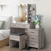 HAOYYE Grey Vanity Dressing Table Set with Mirror Cabinet Three Dimming Light Bulbs 5 Drawers and 2 Storage Shelves Particleboard with Triamine Veneer Modern Makeup Desk with Ample Storage and Elegant Design